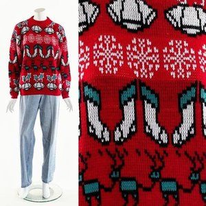 Ugly Christmas Sweater,Fun Mistletoe Sweater,Holiday Stocking Jumper,Festive Rei